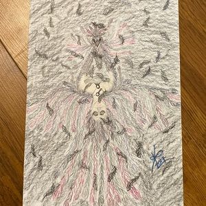 Unframed Original Art Pencil Crayon Illustration Angel w Spirit Animal Drawing